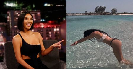 Kim Kardashian w skąpym bikini daje nura w wodzie po kolana. Internauci kpią: "Dziewczyno, GDZIE TY SKACZESZ?" (ZDJĘCIA)
