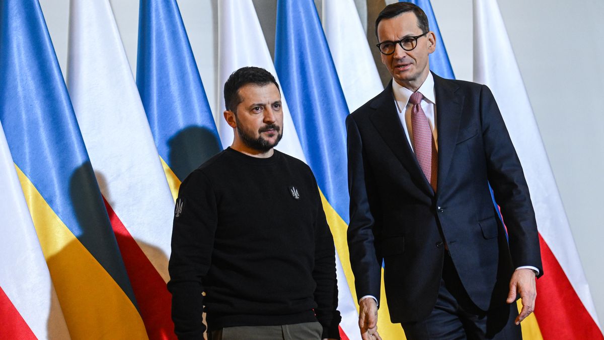 WARSAW, POLAND - APRIL 05: Poland's Prime Minister, Mateusz Morawiecki welcomes Ukraine’s President, Volodymyr Zelenskyy during the welcome ceremony at the Chancellery of the Prime Minister on April 05, 2023 in Warsaw, Poland. The Ukrainian President will meet his Polish counterpart, Andrzej Duda and Poland's Prime Minister, Mateusz Morawiecki to discuss issues related to security, economic and agricultural cooperation. (Photo by Omar Marques/Getty Images)