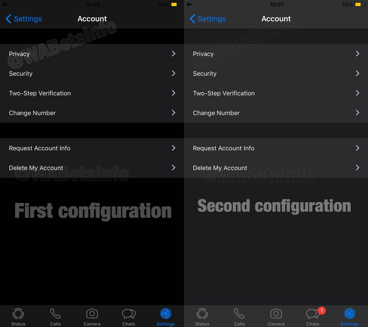Dwie wersje ciemnego motywu WhatsAppa w testowej wersji na iOS-a, źródło: WABetaInfo.