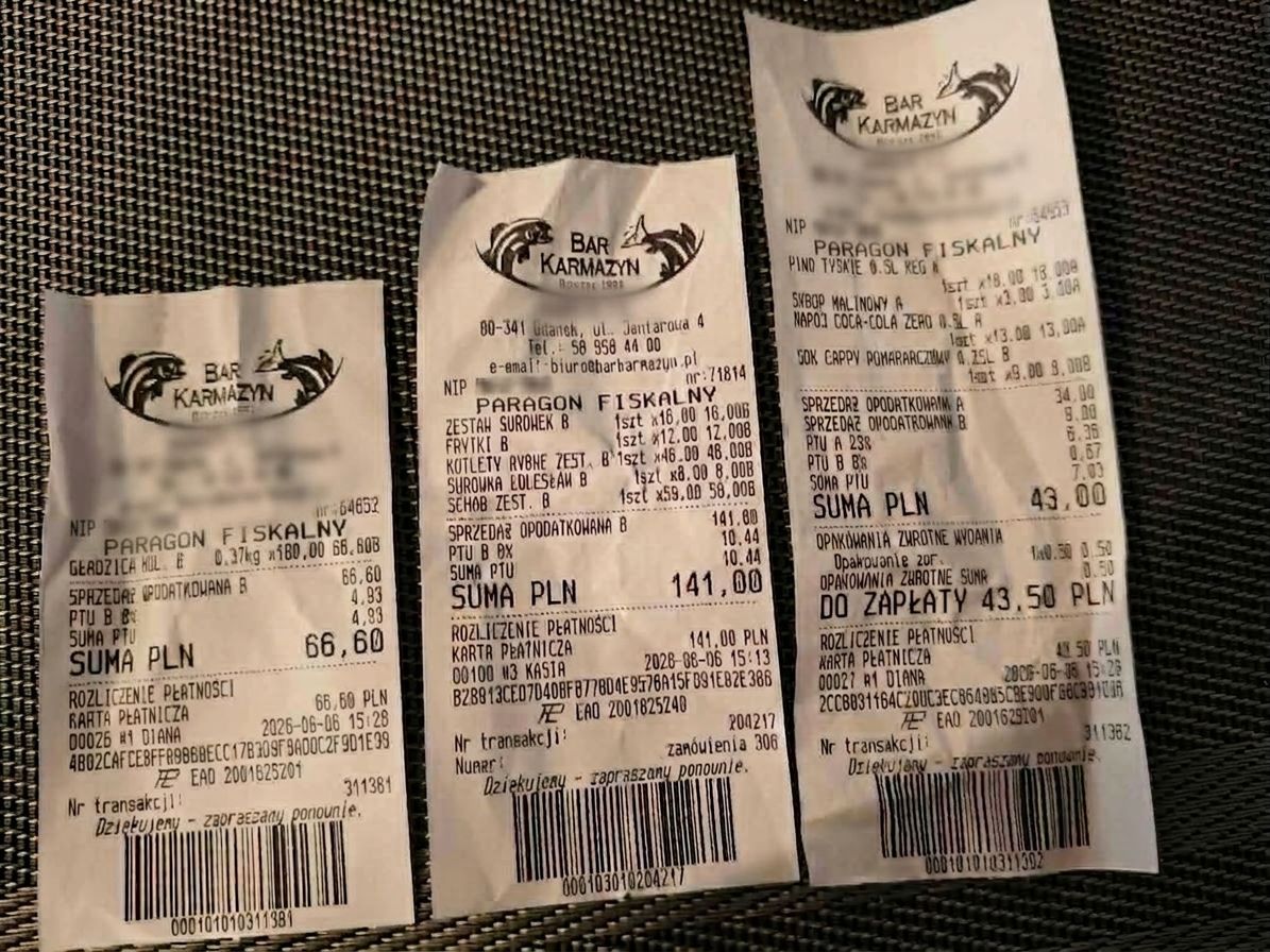 Zdjęcie paragonów z nadmorskiej restauracji od czytelniczki