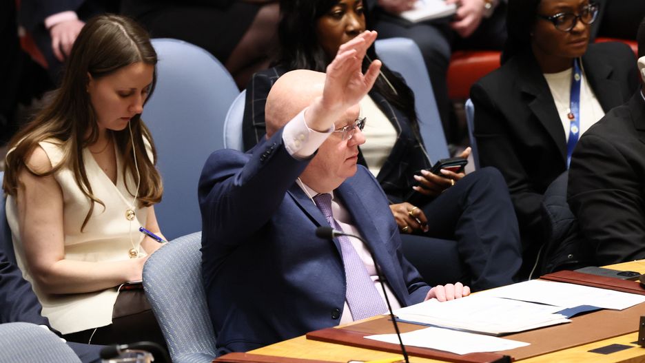 NEW YORK, NEW YORK - FEBRUARY 24: Vasily Nebenzya, Permanent Representative of Russia to the UN, raises his hand to vote during a United Nations Security Council meeting on maintenance of peace and security of Ukraine at the United Nations headquarters on February 24, 2025 in New York City. The General Assembly continued it's eleventh emergency special session and voted to pass an annual resolution condemning Russia’s invasion of Ukraine. The Trump administration wants more general language in the U.N. resolutions, while the wider body is in favor of language that more specifically places the responsibility for the war in Ukraine on Russia. The vote comes on the three-year anniversary of Russia’s full-scale invasion of Ukraine.  (Photo by Michael M. Santiago/Getty Images)