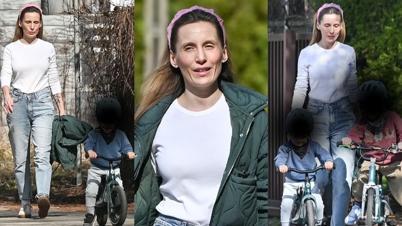 Pola Wiśniewska z dziećmi na rowerach