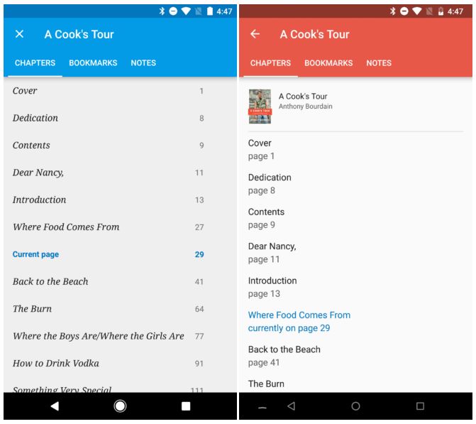 Porównanie interfejsu Książek Play z wersji 3.16 (po lewej) oraz najnowszej – 4.0 (po prawej), źródło: Android Police
