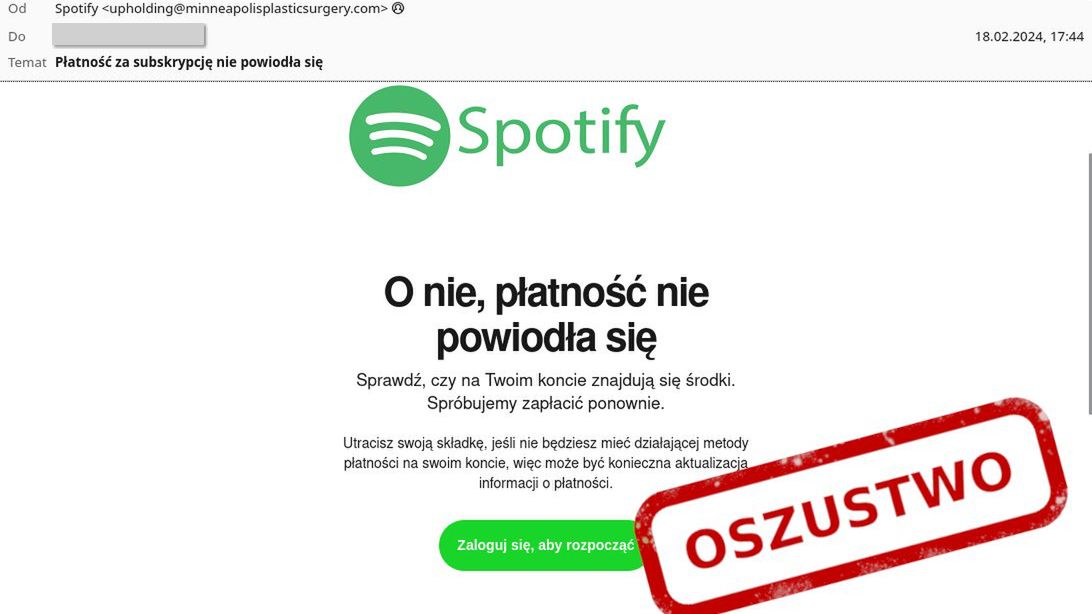 Podejrzane maile wysłane przez oszustów. Mają udawać wiadomość od Spotify