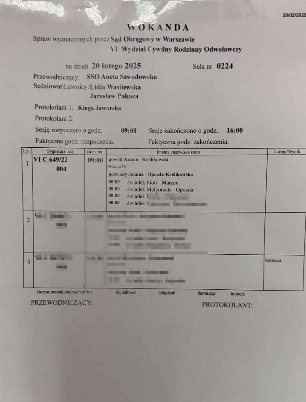 Wokanda rozprawy rozwodowej Królikowskiego i Opozdy