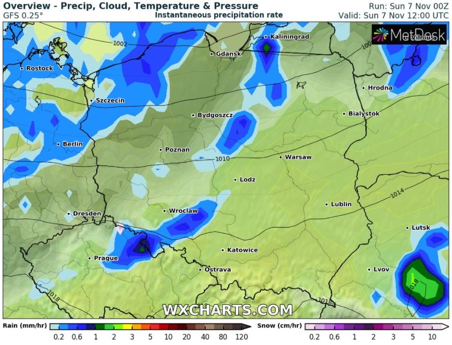 Niedziela pochmurna i wietrzna. Nad morzem burze, w Sudetach śnieg (wxcharts.com)