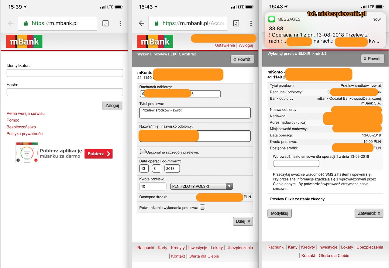 Zlecenie przelewu w mobilnej wersji witryny mBanku, źródło: Niebezpiecznik.
