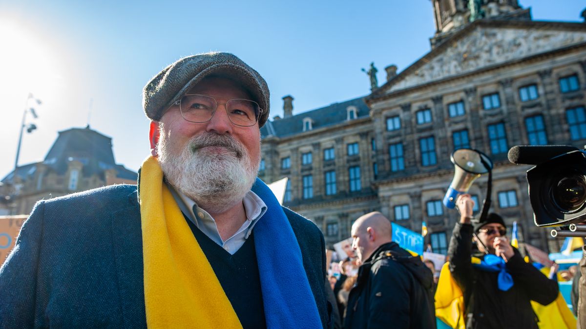 Frans Timmermans, Vice-President of the European Commission is showing his support to the Ukrainian people, during the massive demonstration against Putin's invasion of Ukraine, organized in Amsterdam, on February 27, 2022. (Photo by Romy Arroyo Fernandez/NurPhoto via Getty Images)