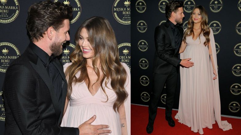 Joanna Opozda i Antek Królikowski uśmiechają się razem na ściance