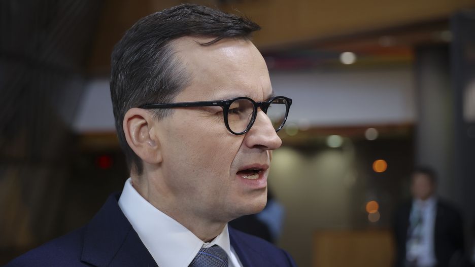 Prime Minister of Poland Mateusz Morawiecki arrives at the EUCO, the EU leaders summit, does a stand-up statement and talks to the media while answering questions from journalists and the press. European Council in Brussels in Belgium on 15 December 2022  (Photo by Nicolas Economou/NurPhoto via Getty Images)