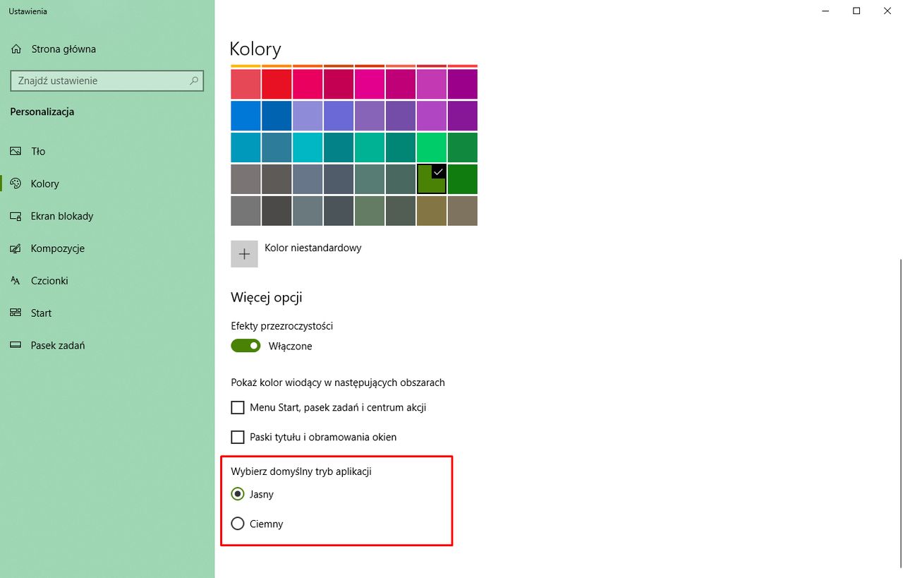 Ustawienia domyślnych kolorów aplikacji w opcjach personalizacji Windowsa 10.
