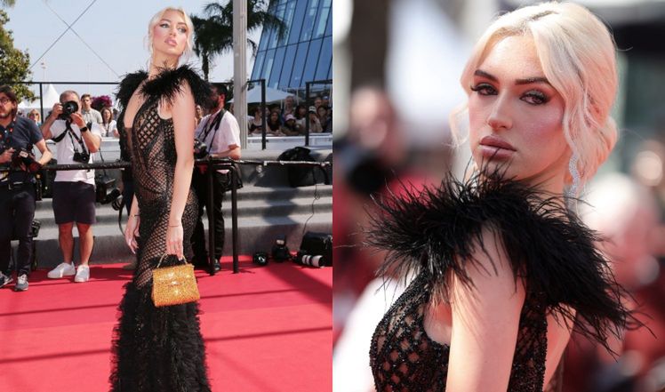 Caroline Derpienski w prześwitującej kreacji z piórami przykuwa 