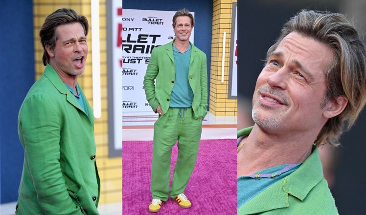 58-letni Brad Pitt emanuje nonszalancją w zielonym "garniaku" na kolejnej premierze "Bullet Train" (ZDJĘCIA)