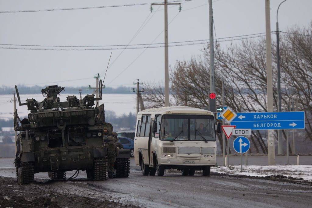 Military hardware moves across Belgorod Region, RussiaBELGOROD REGION, RUSSIA - FEBRUARY 26, 2022: A column of Russian military vehicles is seen near the village of Oktyabrsky, Belgorod Region, near the Russian-Ukrainian border. Early on 24 February, Russia's President Putin announced his decision to launch a special military operation after considering requests from the leaders of the Donetsk People's Republic and the Lugansk People's Republic. Anton Vergun/TASS (Photo by Anton Vergun\TASS via Getty Images)Anton Verguneast ukraine, operation