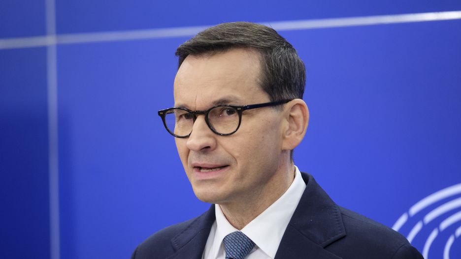 BRUSSELS, BELGIUM - APRIL 16: Former Polish Prime Minister from the  right-wing populist and national-conservative political party Law and Justice (Prawo i Sprawiedliwo PiS) Mateusz Jakub Morawiecki talks to the media in the European Parliament on April 16, 2024 in Brussels, Belgium. He is in Brussels for the National Conservatism Conference (NatCon) that will take place Today and tomorrow.  (Photo by Thierry Monasse/Getty Images)