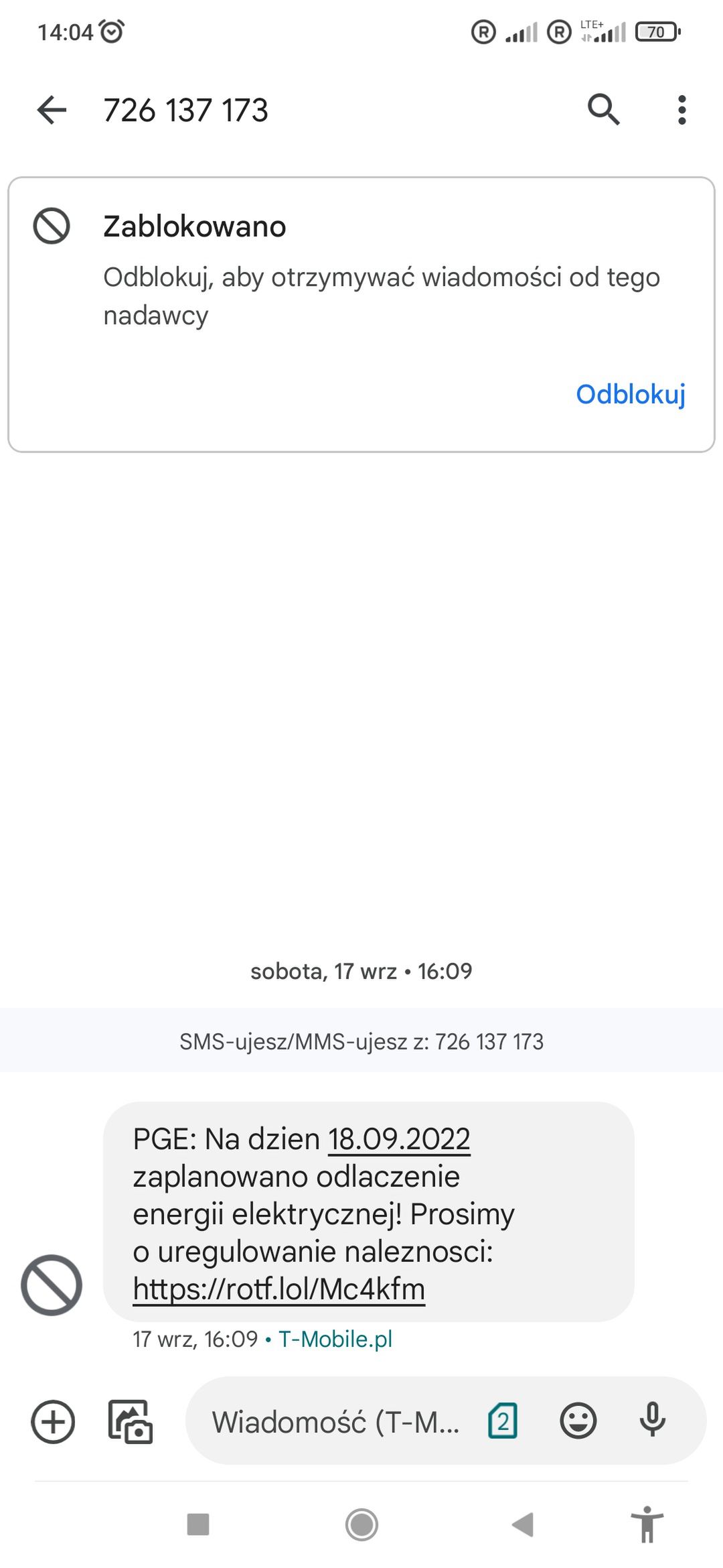 Fałszywy SMS o wyłączeniu energii elektrycznej