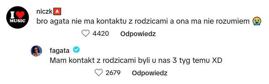 Fagata odpowiada na komentarz o jej relacji z rodzicami