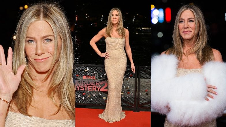Jennifer Aniston w szampańskiej kreacji i futrzanych rękawkach zachwyca na paryskich salonach (FOTO)