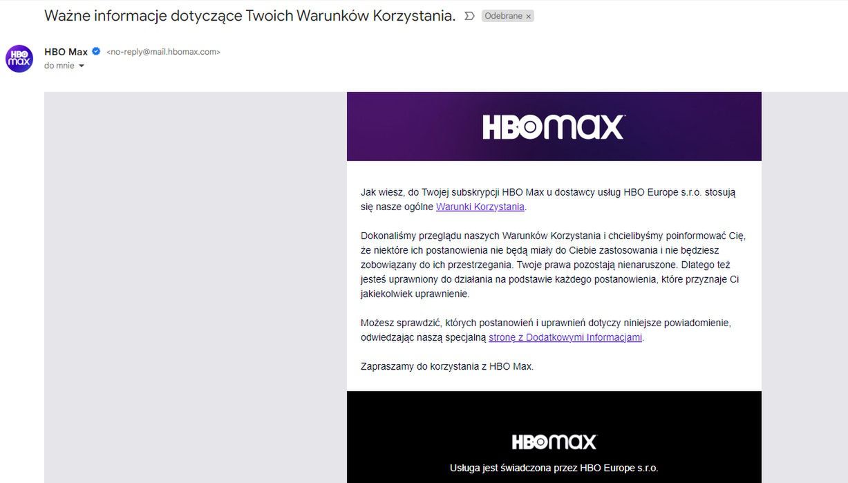 Taką wiadomość otrzymują abonenci HBO Max