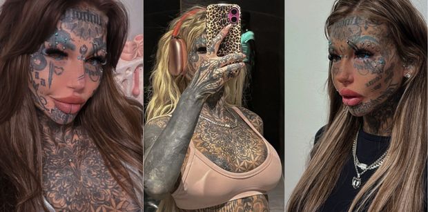 Amber Luke ma wytatuowane 98 proc. powierzchni ciała, WSZCZEPIONE ROGI i rozdwojony język. Tak wyglądała przed metamorfozą (ZDJĘCIA)