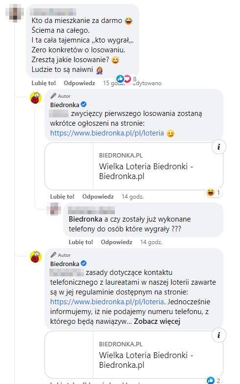 Przykładowe komentarze klientów Biedronki pod postem dotyczącym loterii