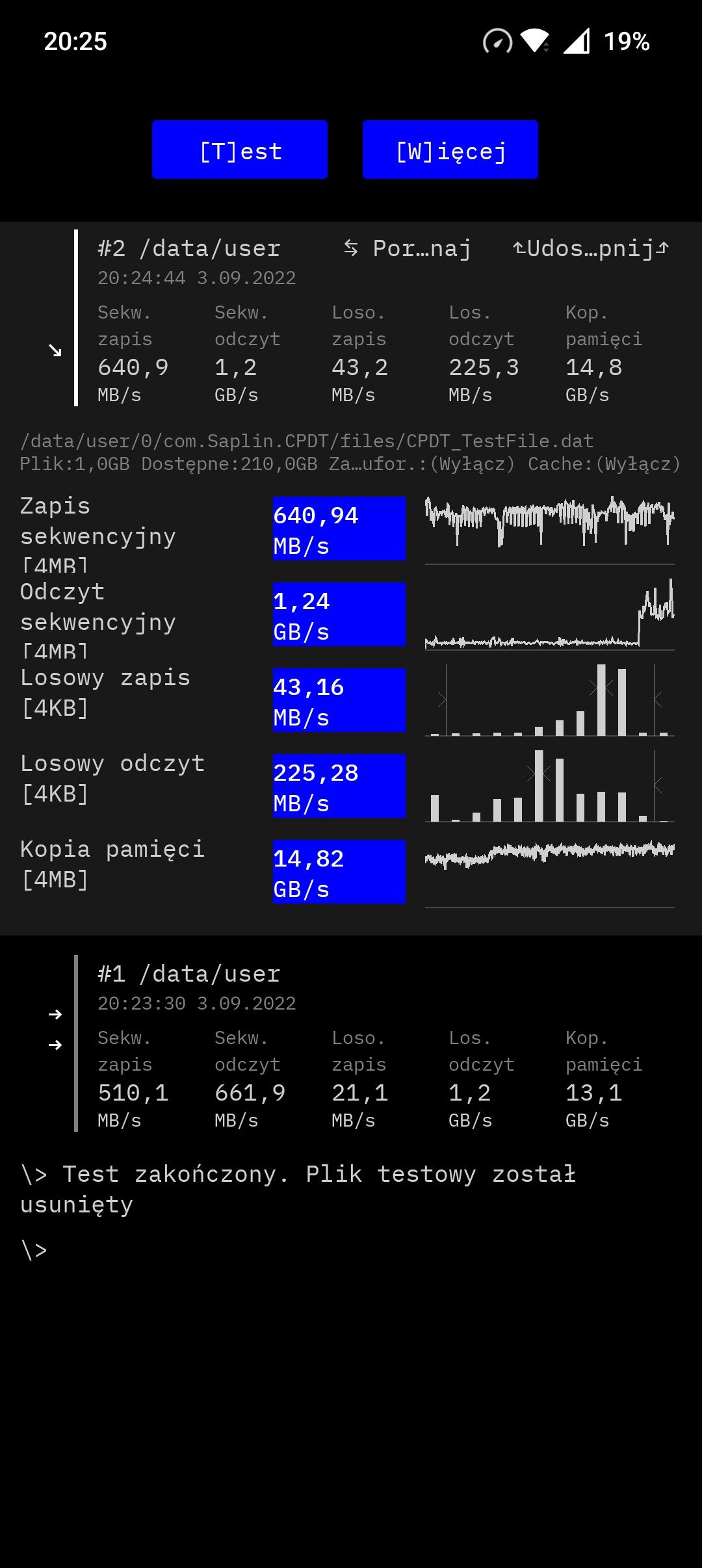 Test pamięci oraz wyniki w AnTuTu 9 (po lewej w trybie standardowej wydajności, po prawej wysokiej wydajności)