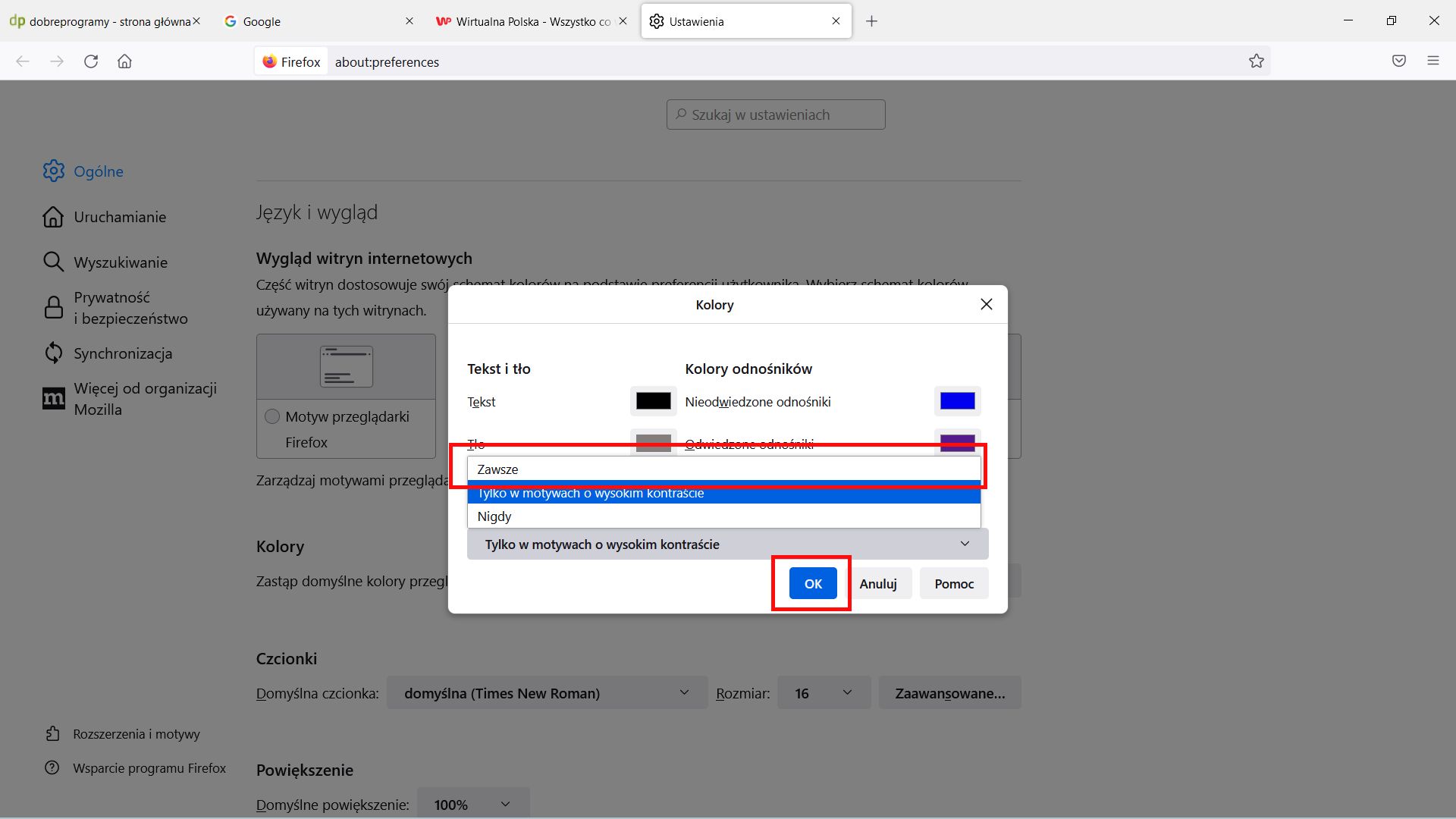 Firefox: wybieramy Zawsze i potwierdzamy OK