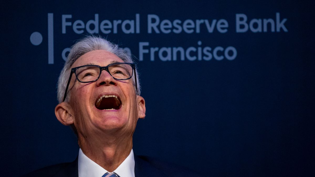 Jerome Powell, chairman of the US Federal Reserve, laughs during the Macroeconomics and Monetary Policy Conference at the Federal Reserve Bank of San Francisco in San Francisco, California, US, on Friday, March 29, 2024. Inflation has slowed substantially since peaking in mid-2022, but the rapid progress seen late last year back toward 2% has seemingly hit a roadblock. Photographer: David Paul Morris/Bloomberg via Getty Images