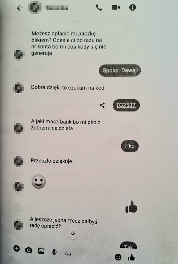 Rozmowa złodzieja z ofiarą na BLIK