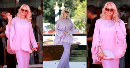 Schowana za okularami przeciwsłonecznymi Pamela Anderson BRYLUJE w liliowej stylizacji na festiwalu w Wenecji. Ikona? (ZDJĘCIA)