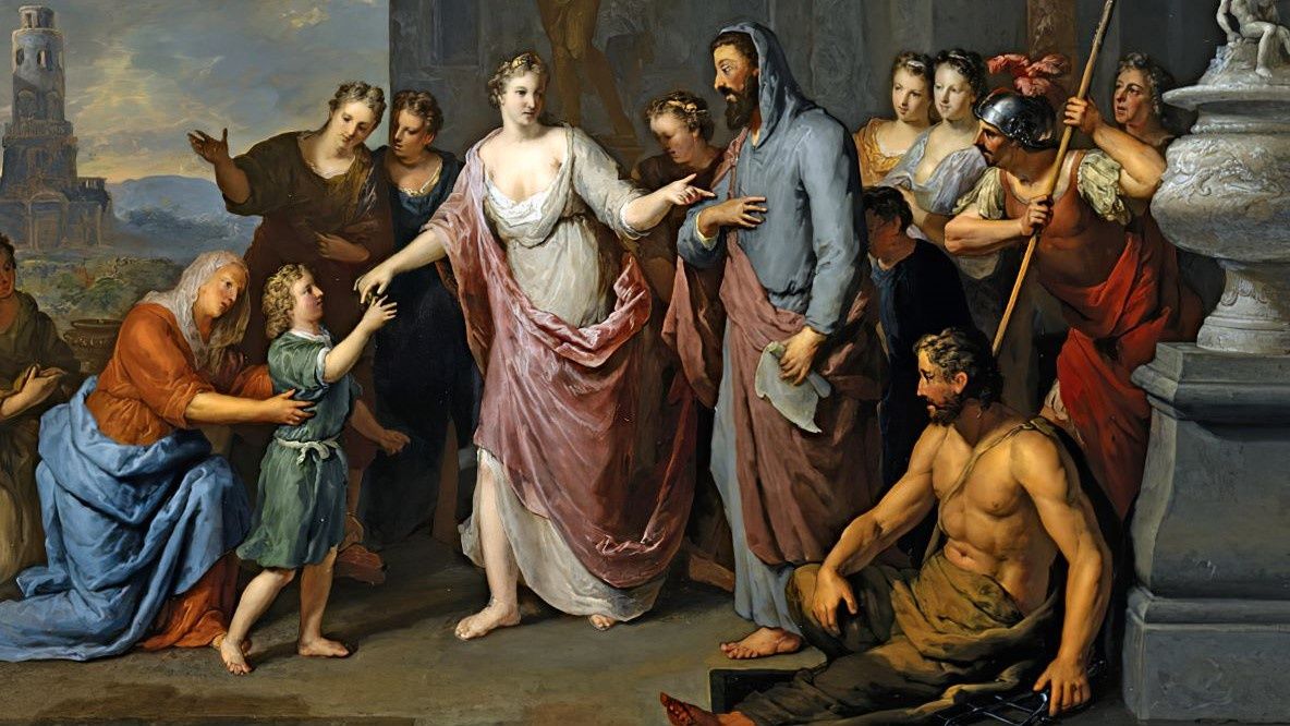 Olimpias przedstawiająca syna Arystotelesowi (mal. Gerard Hoet, ok. 1730)