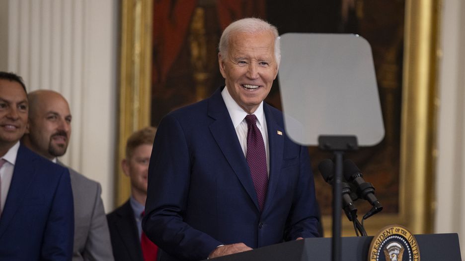 WASHINGTON DC, UNITED STATES - August 08: U.S. President Joe Biden welcomes the 2023 World Series champion Texas Rangers to the White House in Washington DC., U.S., August 8, 2024 (Photo by Mostafa Bassim/Anadolu via Getty Images)