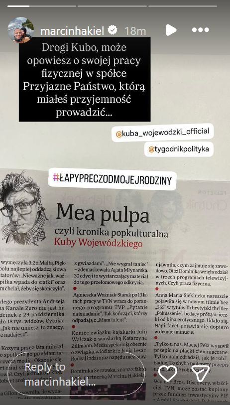 Marcin Hakiel odpowiedział Kubie Wojewódzkiemu 