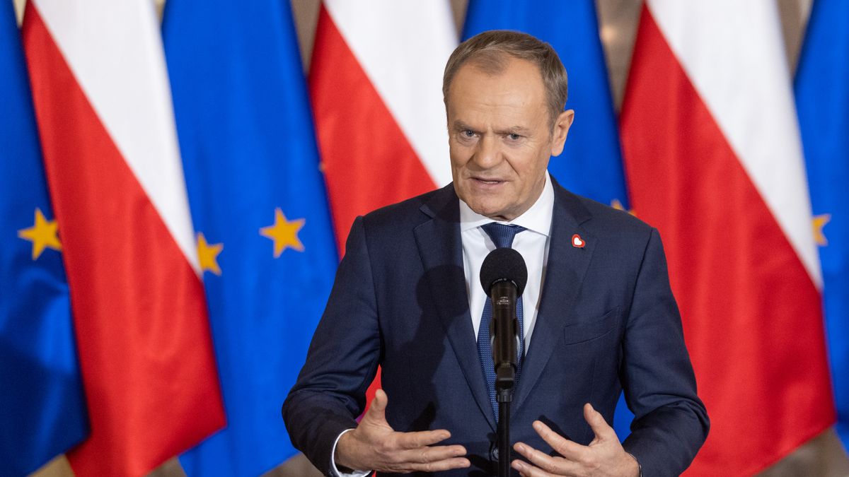 Polish Prime Minister Donald Tusk is speaking during a press conference after a government meeting in Warsaw, Poland, on January 3, 2024. (Photo by Foto Olimpik/NurPhoto via Getty Images)