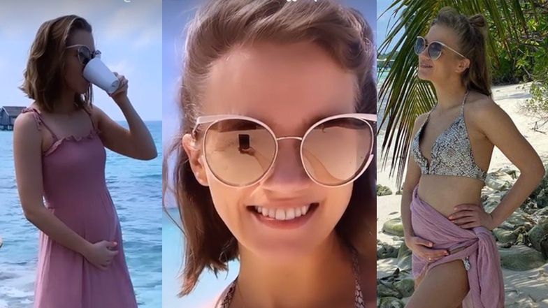 Agnieszka Kaczorowska trzyma się za ciążowy brzuszek na Malediwach