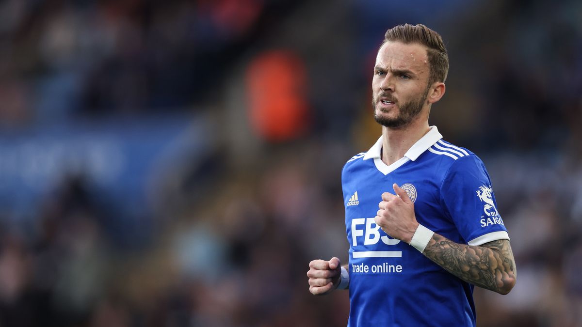 LEICESTER, ENGLAND - MAY 15: James Maddison of Leicester City during the Premier League match between Leicester City and Liverpool FC at The King Power Stadium on May 15, 2023 in Leicester, United Kingdom. (Photo by James Williamson - AMA/Getty Images)