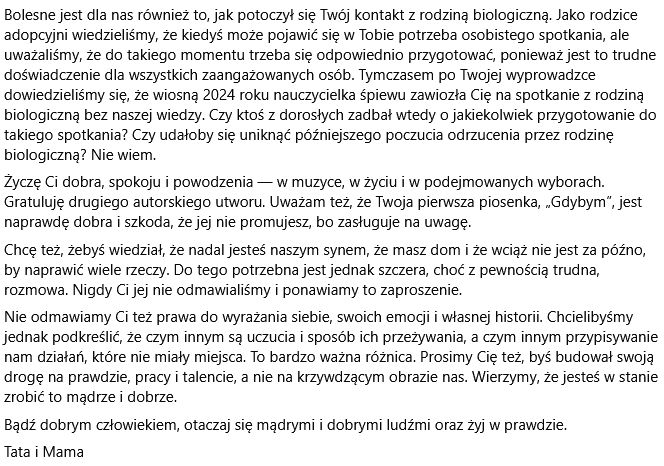 Oświadczenie rodziców Damiana z "Must Be The Music"