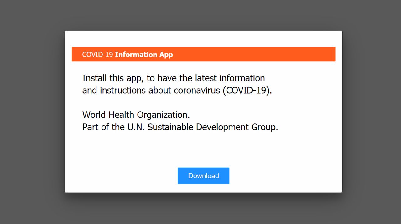 Informacja zachęcająca do pobrania aplikacji związanej z koronawirusem, w rzeczywistości skutkuje pobraniem malware.