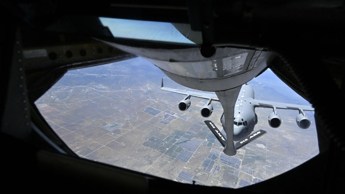 Riverside, CA - April 21: A Boeing KC-135 Stratotanker out of March Air Reserve Base in Riverside makes a simulated refueling run on a C-17 on Friday, Apr. 21, 2023. The KC-135 entered service with the United States Air Force (USAF) in 1957 and is in the process of being replaced by the Boeing made KC-46A. (Photo by Will Lester/MediaNews Group/Inland Valley Daily Bulletin via Getty Images)