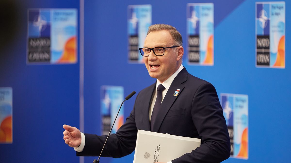 THE HAGUE, NETHERLANDS - JUNE 25: President of Poland Andrzej Duda speaks to the press during the NATO summit on June 25, 2025 in The Hague, Netherlands. This year's NATO summit, which brings together heads of state and government from across the military alliance, is being held in the Netherlands for the first time. Among other matters, members are to approve a new defense investment plan that raises target for defense spending to 5% of GDP. (Photo by Pierre Crom/Getty Images)
