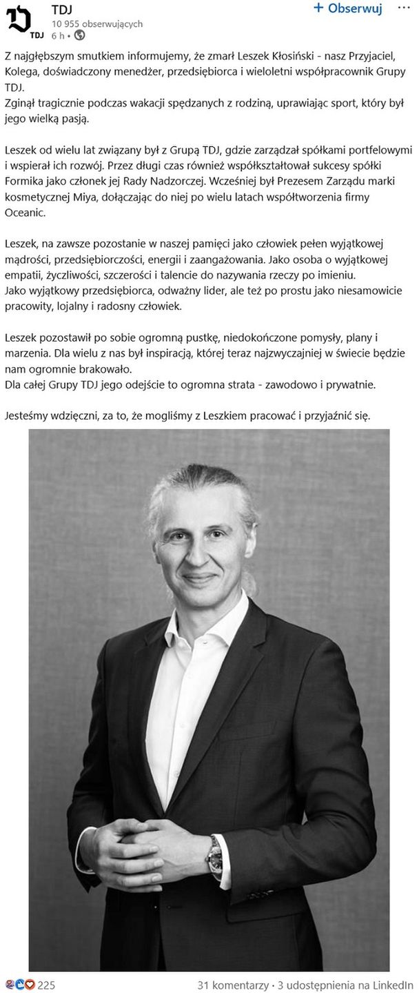 Wpis TDJ o śmierci Leszka Kłosińskiego