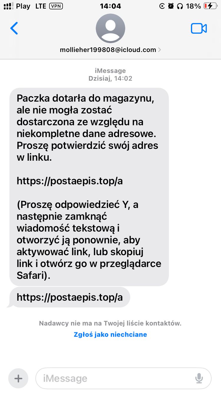 Przykładowy, fałszywy SMS