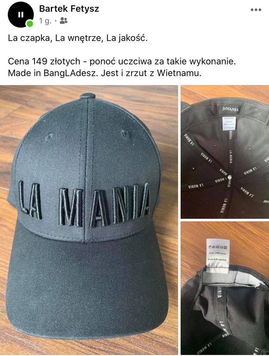 a Mania sprzedaje czapki z metką "Made In Bangladesh"