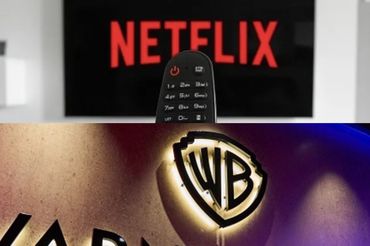 Netflix na telewizorze i logo Warner Bros., fot. unslpash