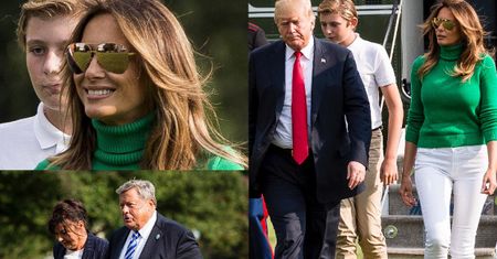 Obfity biust Melanii w zielonym golfie wraca do Białego Domu z mężem, synem i rodzicami (FOTO)