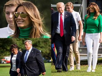 Obfity biust Melanii w zielonym golfie wraca do Białego Domu z mężem, synem i rodzicami (FOTO)