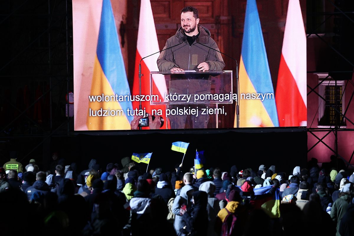 Przemówienie Wołodymyra Zełenskiego (Photo by Jakub Porzycki/NurPhoto via Getty Images)
