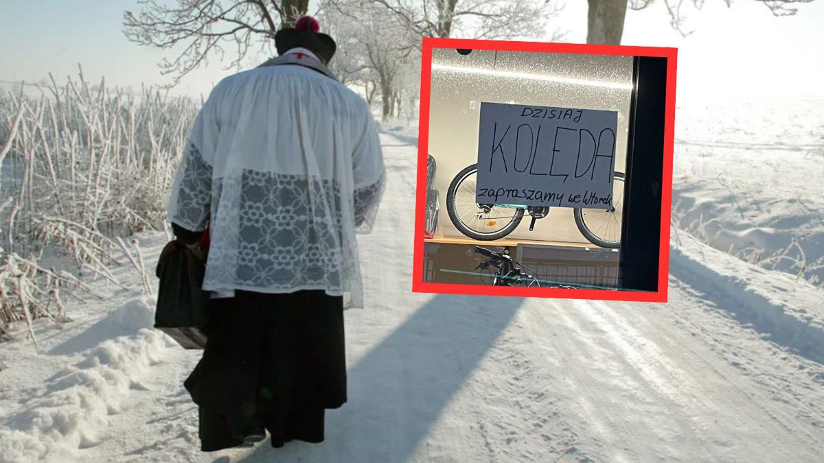 Kartka na witrynie sklepowej nt. kolędy