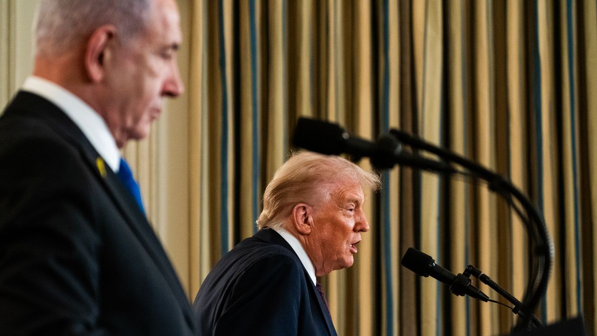 WASHINGTON, DC  September 29: US President Donald Trump speaks during a press conference with Israeli Prime Minister Benjamin Netanyahu in the State Dining Room of the White House on Monday September 29, 2025. Trump and Netanyahu will discuss the latest U.S. backed plans to end the war in Gaza and free the remaining hostages held by Hamas. (Photo by Demetrius Freeman/The Washington Post via Getty Images)
