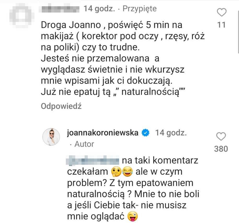 Joanna Koroniewska odpowiada uszczypliwej internautce